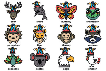 Set of illustrations in the concept of various animals wearing clown hats in a line style