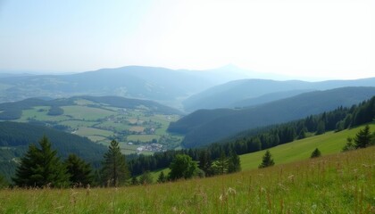 Naklejka premium Elevated view of a serene valley under a clear sky