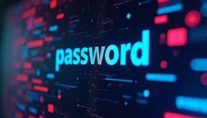Futuristic Computer Screen Displaying Password with Neon Elements for Digital Security and Technology Themes