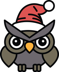 A cartoon owl wearing a red hat and a red Santa hat