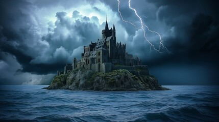Fototapeta premium dark fantasy medieval castle on an island in the middle of a stormy sea