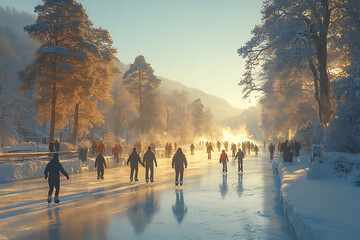 People skating on a frozen lake, surrounded by snow-covered trees and a scenic winter landscape, enjoying the excitement of outdoor winter activities.

