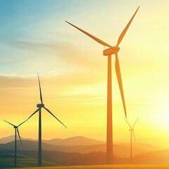 Sustainable Energy Wind Turbines Illuminated by Sunset in a Vibrant Landscape