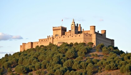 Obraz premium Elegant castle perched atop a verdant hill basking in the glow of the setting sun