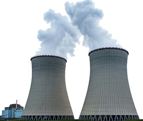 Nuclear power plant with dynamic cooling towers isolated on the transparent backgrond