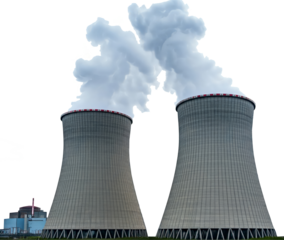 Nuclear power plant with dynamic cooling towers isolated on the transparent backgrond