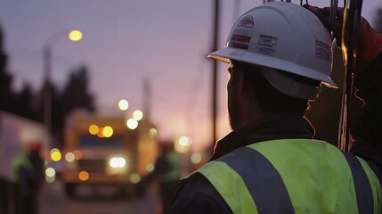 Close-up of an electric utility worker’s upper body, wearing a safety helmet and reflective vest. Maintenance, teamwork, emergency rescue,service, safety first, protective measures, dedication,mission
