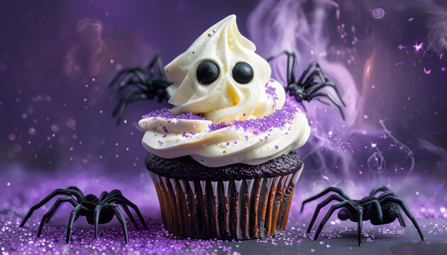 Spooky Halloween cupcake with ghost shaped cream frosting and black eyes, surrounded by realistic plastic spiders and purple glitter, creating festive atmosphere