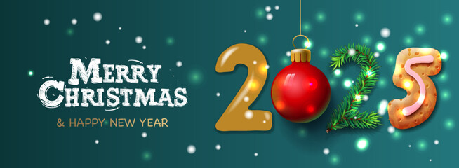 Happy new year 2025 numbers with holiday Christmas decoration and sparkling lights on green background. Xmas design, vector illustration
