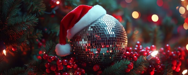 Silver disco ball wearing santa hat hanging on christmas tree