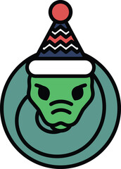 A cartoonish green snake with a hat on its head