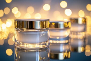 Elegant glass jars of anti-aging cream on a reflective surface with soft bokeh lights