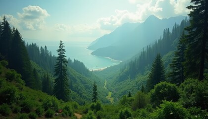 Fototapeta premium Enchanting forest trail leading to a serene mountain lake