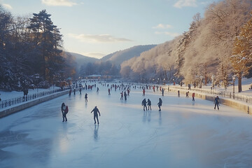 People skating on a frozen lake, surrounded by snow-covered trees and a scenic winter landscape, enjoying the excitement of outdoor winter activities.

