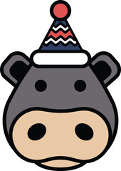 Illustration of a hippo wearing a Santa hat in line art style