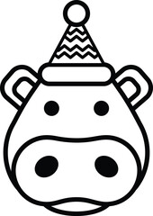 Illustration of a hippo wearing a Santa hat in line art style