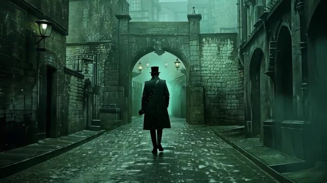 A man walks through a dimly lit alleyway in a historic city, his silhouette shrouded in fog