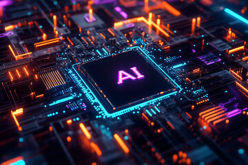 AI, Machine learning, AI chips with digital circuit lines around them. themes of artificial intelligence, computing, and digital transformation.	