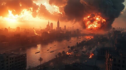 Fototapeta premium dramatic airstrike scene set against a bustling city skyline, capturing the intensity and chaos of conflict with smoke and explosions contrasting against the urban landscape