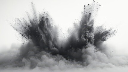 dramatic black smoke explosion against a stark white background, showcasing abstract artistry through sharp contrasts and bold imagery, inviting viewers to explore themes of destruction and creation