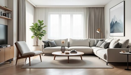 Fototapeta premium Modern living room with minimalist design and natural light