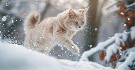 In a winter forest, a white cat jumps through fresh snow.