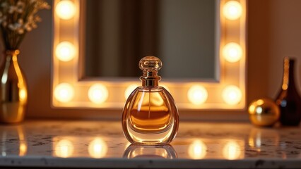 A luxurious perfume bottle placed on a marble vanity in a dimly lit bathroom, with soft warm lighting and a decorative mirror in the background