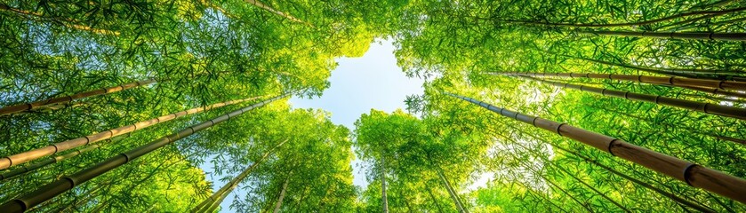 A vibrant bamboo forest with sunlight filtering through green leaves, showcasing a serene natural environment.