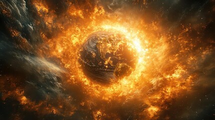 Obraz premium dramatic scene of cosmic armageddon as fiery chaos engulfs planet earth, swirling clouds of destruction and light, representing the end of times in a vivid and intense portrayal