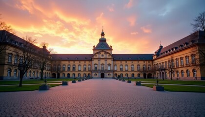 Naklejka premium Elegant architecture under a vibrant sunset sky