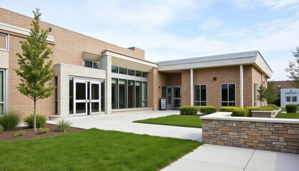  Modern building with inviting entrance and wellmaintained lawn