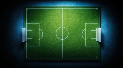 Obraz premium Aerial view of a green soccer field with goalposts on a dark background, perfect for sports-related themes.