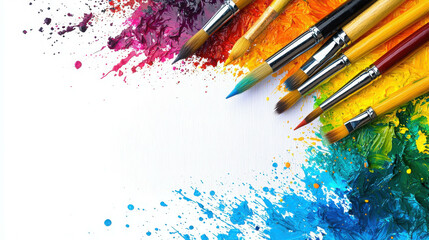 Obraz premium Rainbow of Creativity: Paintbrushes and vibrant color splatter on white background 
