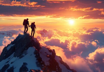 Fototapeta premium Climbers help friends reach the top of the mountain, with a very beautiful view, Generative Ai illustration