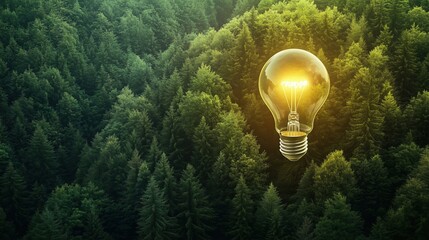 Light Bulb Over Serene Forest Landscape