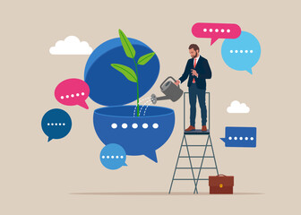 Businessman watering growth seedling on speech bubbles. Discussion, conversation, meeting, team communication. Modern vector illustration in flat style