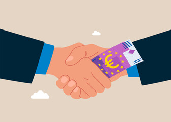 Corruption with shaking hands and transmitting banknote money euro. Business deal, agreement, contract. Flat vector illustration