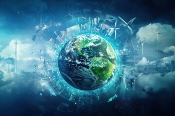 Fototapeta premium A futuristic Earth with advanced technology and renewable energy sources, representing the potential for sustainable development and innovation