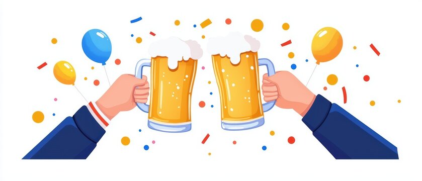 Cheers with two clinking beer mugs, festive background with balloons and confetti.