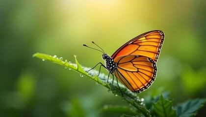 Fototapeta premium Vibrant Monarch Butterfly on a Dewy Leaf