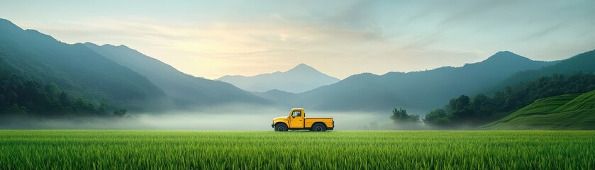 Fototapeta premium Classic yellow pickup truck parked in a lush green field surrounded by misty mountains during a serene dawn.