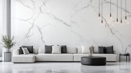 A stylish living room with modern furniture, white marble walls, and a sleek design. This is a computer-generated image, so it's not a real photograph.