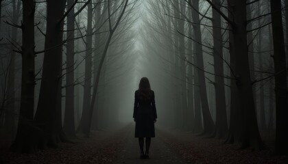  Lone figure in foggy forest evoking mystery and solitude