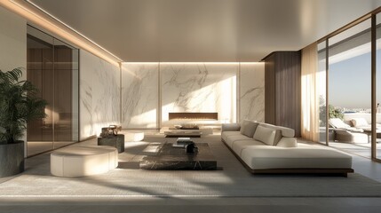 A stylish living room with modern furniture, white marble walls, and a sleek design. This is a computer-generated image, so it's not a real photograph.