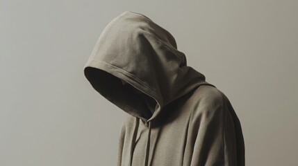  person wearing a hood, head down, set against a neutral background