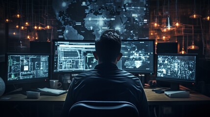 Coder engrossed in work, face obscured by multiple monitors from behind