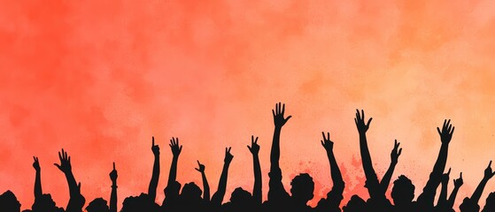 Crowd of people raising hands in celebration against a gradient orange background.