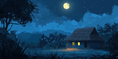 Fototapeta premium Lonely cabin lit by moonlight and a single window.