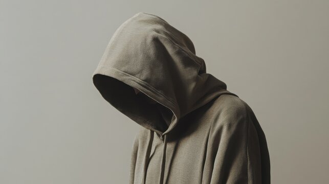  person wearing a hood, head down, set against a neutral background