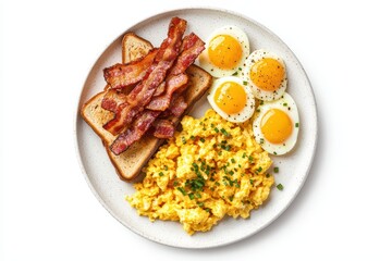Fototapeta premium Delicious breakfast plate with scrambled eggs, crispy bacon, and toast on a white background.